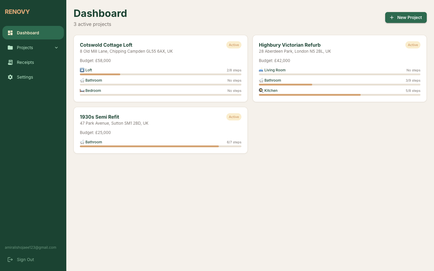 Renovy dashboard with project progress bars