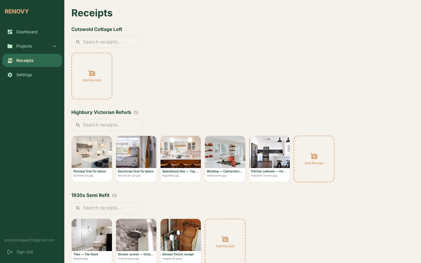 Receipts grid in Renovy